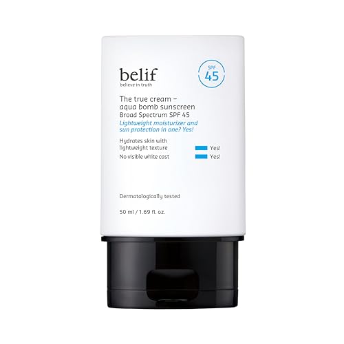 BELIF The True Cream: Aqua Bomb Hydrating Sunscreen SPF 45 with Niancinamide, No White Cast, Glowy Finish, 2-in-1 Sunscreen and Moisturizer, Good for Dryness and Dullness, All Skin Types, 50 ml, 1.69 fl oz