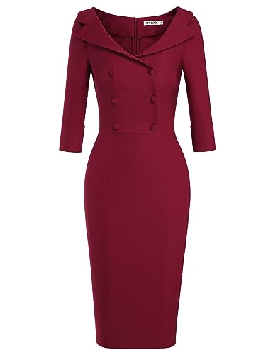 MUXXN Women's Sheer Button Up, Sheath Slim Wear to Work, Pencil Midi Office Dress, Sweetheart Neckline, Retro Fashion Feeling, Form-Fitting, Hang to Dry (Burgundy)