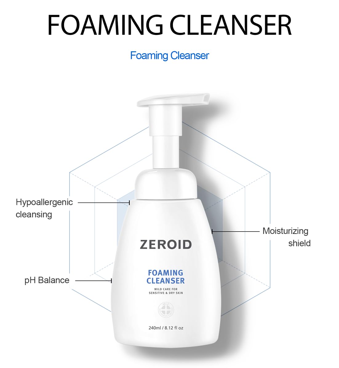 ZEROID Effective Moisturizing Foaming Cleanser, Gentle for Daily Use on Face and Body, Helps Normalize the PH Balance of the Skin, 240 ml, 8.12 fl oz