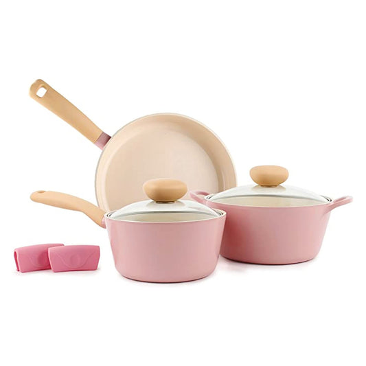 NEOFLAM Retro 5-Piece Ceramic Nonstick Cookware Set, PFOA Free Pots and Pans with Integrated Steam Vent Lid Knob, Prevents Boil Over and Heat Resistant Silicone Grips for Safer Cooking in Kitchen, Made in Korea, Pink