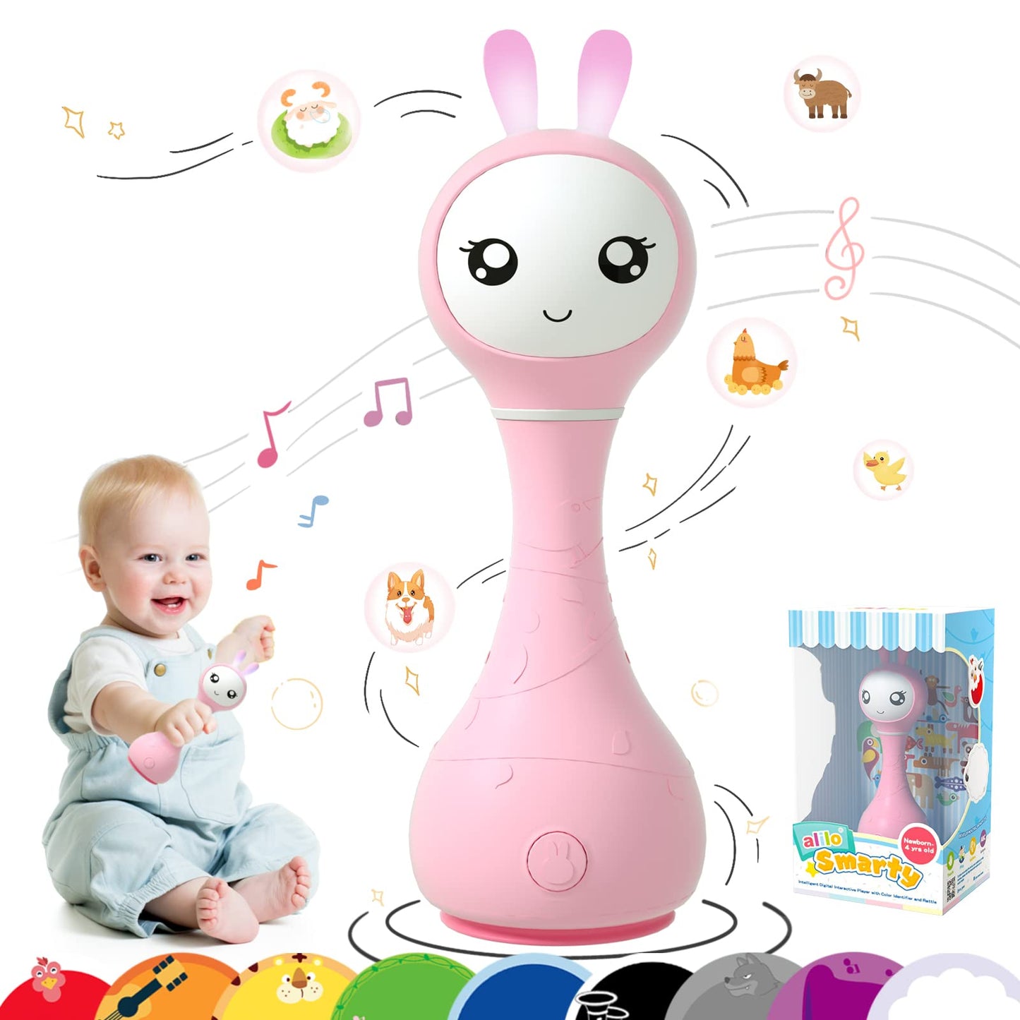 ALILO Bunny Smarty Baby Toys, Baby Rattle Musical Light-Up Rattles, Encourage Developmental Milestones for Babies 0-24 Months Infants, Newborns (Smarty Bunny, Pink), 6.5 oz