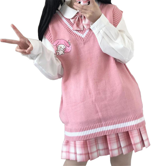 WANHONGYUE My Melody Sweater Vest, V-Neck Knit Sweater, Girls School Uniform Anime Sleeveless Pullover Tank Top