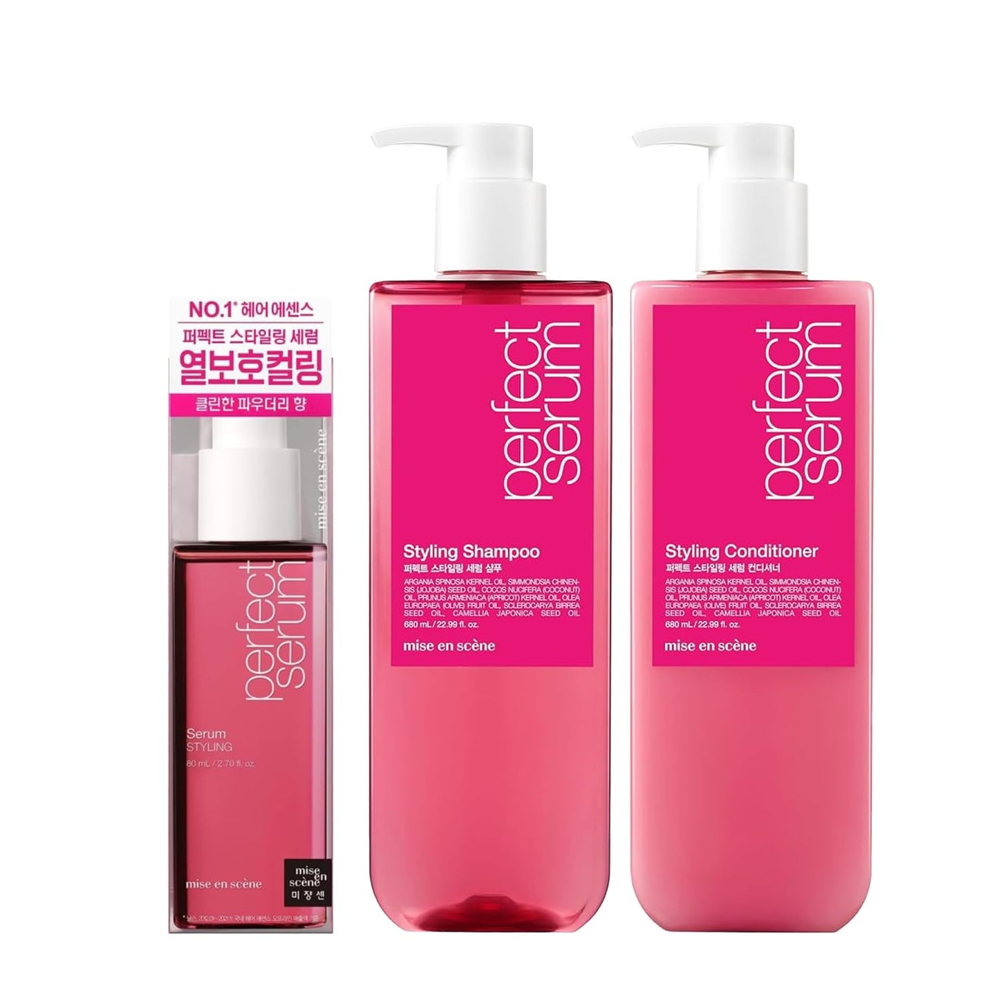 MISE EN SCENE Styling Serum with Shampoo and Conditioner: Hair Care Set Holds Bounce, Hair Essence for Long Lasting Curl, Powdery Scent with Argan Oils, Coconut Apricot Scent, Serum - 2.70 fl oz, Pair - 22.99 fl oz