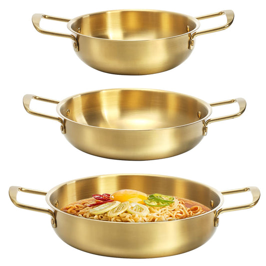 OKLLEN Set of 3 Ramen Noodle Pot with Handles, Stainless Steel Everyday Pan, Golden Cooking Pot for Soup, Noodle, Pasta, Home and Outdoor, Dishwasher Safe and Non-Toxic, Odorless, Lead-Free and BPA-Free: Size 7", 8.7", 9.5"