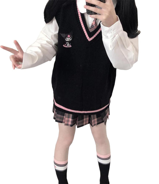 WANHONGYUE Kuromi Sweater Vest for Women, V-Neck Knit Sweaters, Girls School Uniform, Anime Sleeveless Pullover Tank Top