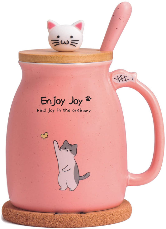 FEIFY Cat Cup, Ceramic Coffee Mug with Kawaii Cat Wooden Lid, Lovely Stainless Steel Spoon, Anime Kitty Thicken Wooden Coaster, Birthday Gift, Japanese Mug, 16oz (Pink)