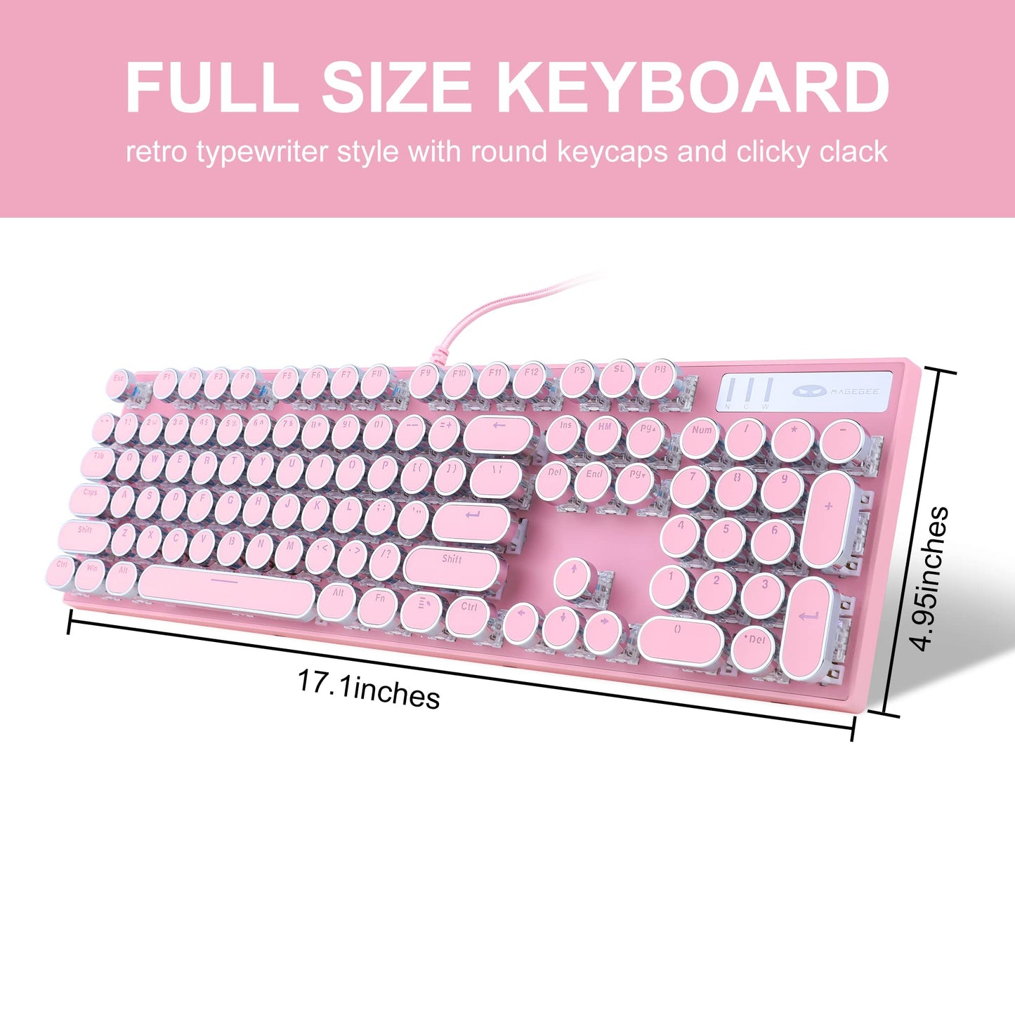 CAMIYSN Typewriter Style Mechanical Gaming Keyboard, Pink Retro Punk Gaming Keyboard with White Backlit, 104 Keys, Blue Switch, Wired Keyboard, Round Keycaps for Windows/Mac/PC