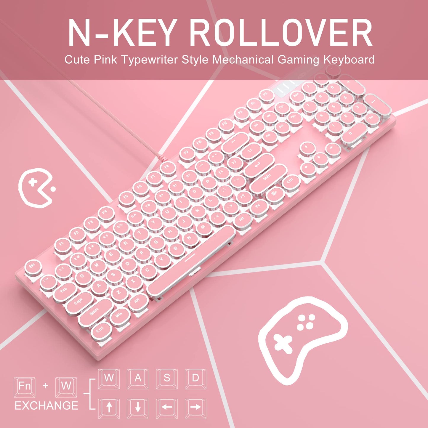 CAMIYSN Typewriter Style Mechanical Gaming Keyboard, Pink Retro Punk Gaming Keyboard with White Backlit, 104 Keys, Blue Switch, Wired Keyboard, Round Keycaps for Windows/Mac/PC