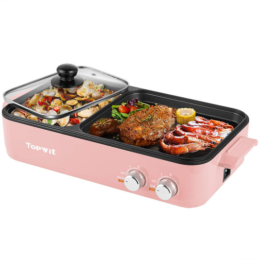 TOPWIT Hot Pot Electric with Grill, 2 in 1 Indoor Non-stick for Steaks, Shabu Shabu, Noodles, Simmer and Fry, Korean BBQ Grill, Independent Dual Temperature Control, Fast Heating, Pink