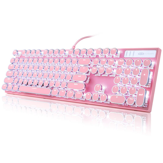 CAMIYSN Typewriter Style Mechanical Gaming Keyboard, Pink Retro Punk Gaming Keyboard with White Backlit, 104 Keys, Blue Switch, Wired Keyboard, Round Keycaps for Windows/Mac/PC