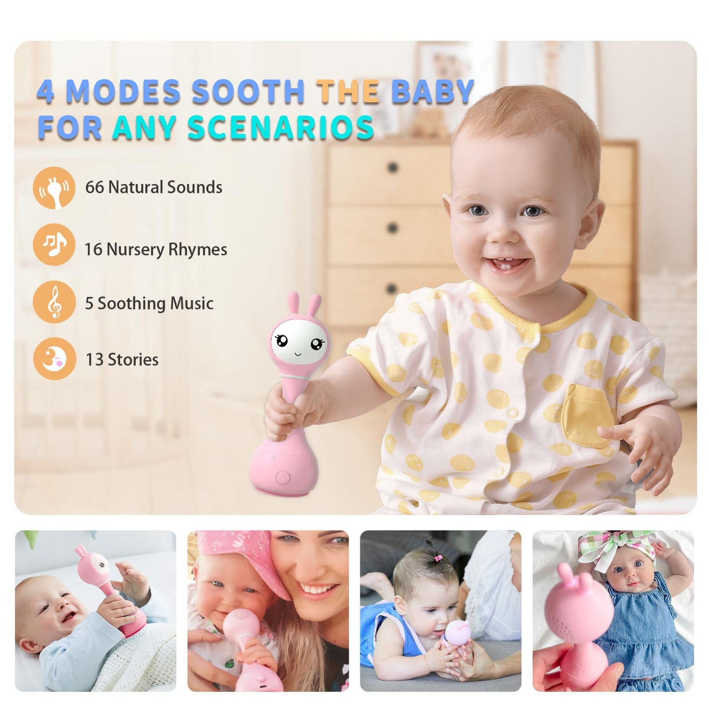 ALILO Bunny Smarty Baby Toys, Baby Rattle Musical Light-Up Rattles, Encourage Developmental Milestones for Babies 0-24 Months Infants, Newborns (Smarty Bunny, Pink), 6.5 oz