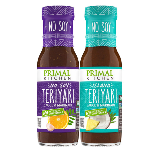 PRIMAL KITCHEN No Soy Teriyaki Sauce, Variety 2-Pack, Made with Real Ingredients, Includes 1 Island Teriyaki and 1 Original Teriyaki: Undeniably Delicious Flavor, No Cane Sugar or Corn Syrup, No Artificial Sweeteners, 9 oz