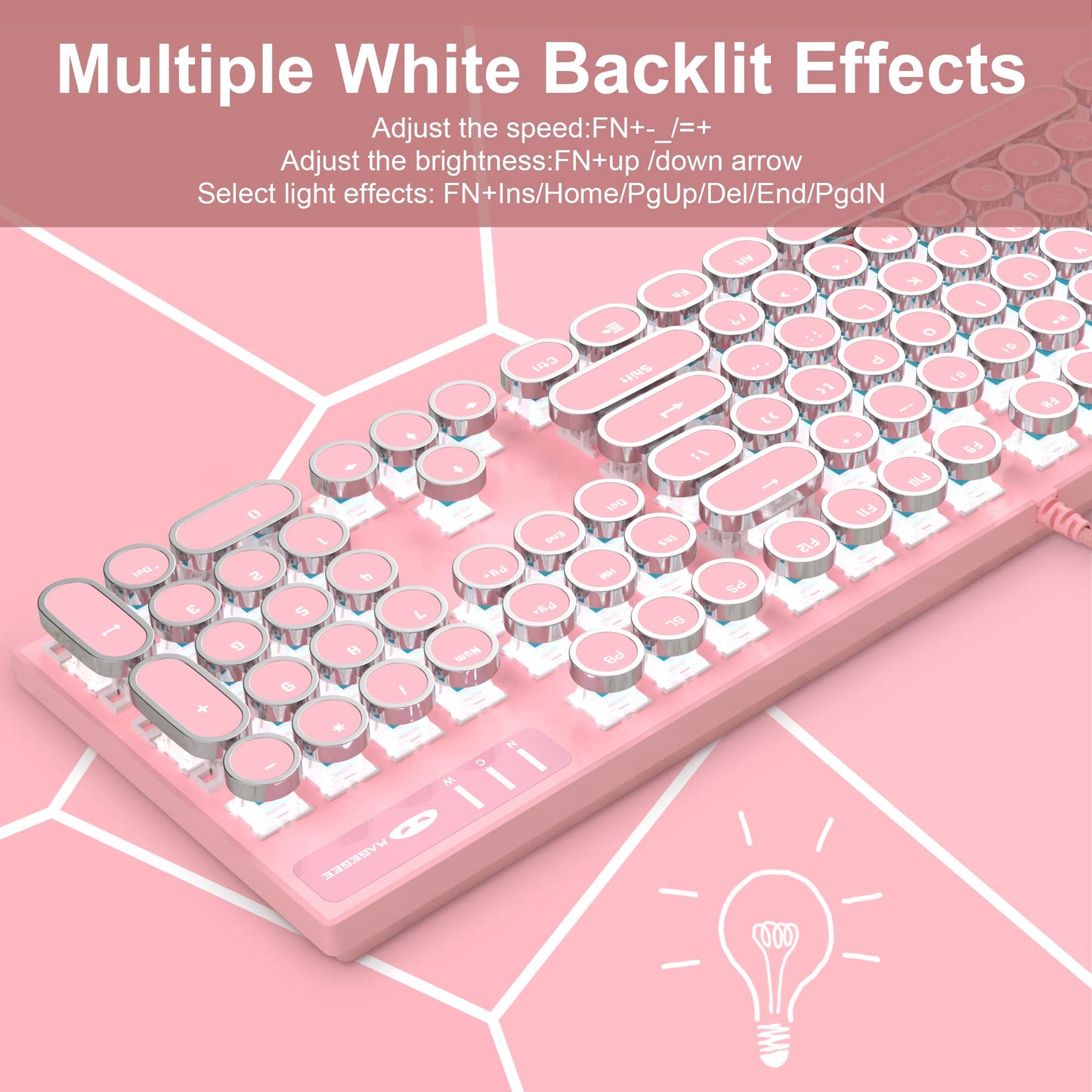 CAMIYSN Typewriter Style Mechanical Gaming Keyboard, Pink Retro Punk Gaming Keyboard with White Backlit, 104 Keys, Blue Switch, Wired Keyboard, Round Keycaps for Windows/Mac/PC