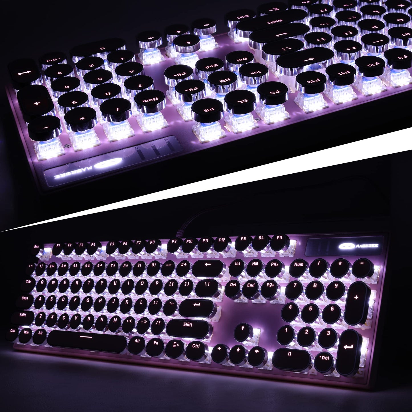 CAMIYSN Typewriter Style Mechanical Gaming Keyboard, Pink Retro Punk Gaming Keyboard with White Backlit, 104 Keys, Blue Switch, Wired Keyboard, Round Keycaps for Windows/Mac/PC