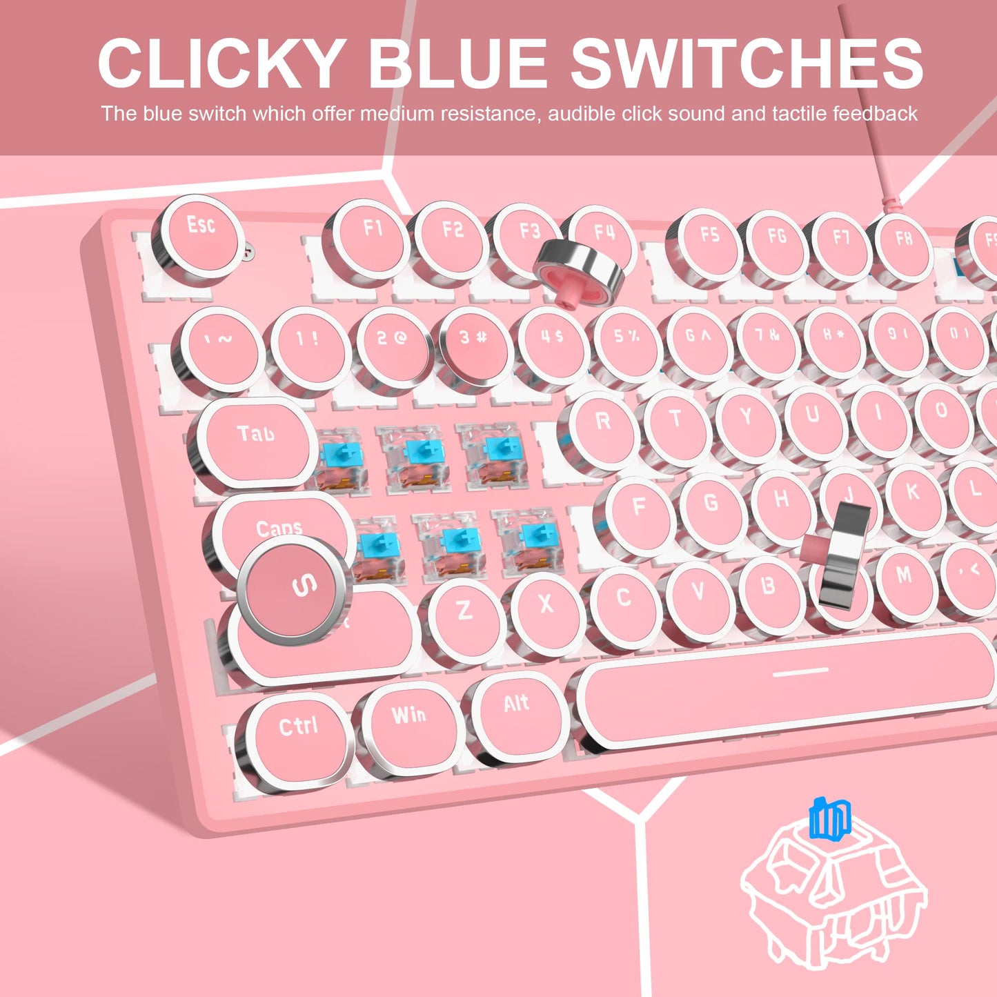 CAMIYSN Typewriter Style Mechanical Gaming Keyboard, Pink Retro Punk Gaming Keyboard with White Backlit, 104 Keys, Blue Switch, Wired Keyboard, Round Keycaps for Windows/Mac/PC