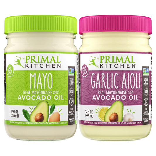 PRIMAL KITCHEN Mayo Made with Avocado Oil and Cage-Free Eggs, Variety Two Pack, Original & Garlic Aioli: Zesty Lemon and Flavorful Garlic Notes of Garlic Aioli, Elevate Everything, 12 oz, Pack of 2