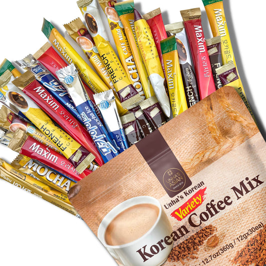 INSTANT COFFEE MIX Packets Single Serve, Korean Variety Coffee Sampler, 30 Sticks of 6 Different Flavors: Maxim Mocha, White Mocha, Original Maxim French Café: Perfect for Anyone, Anytime, and Anywhere (Variety 30 Pack)